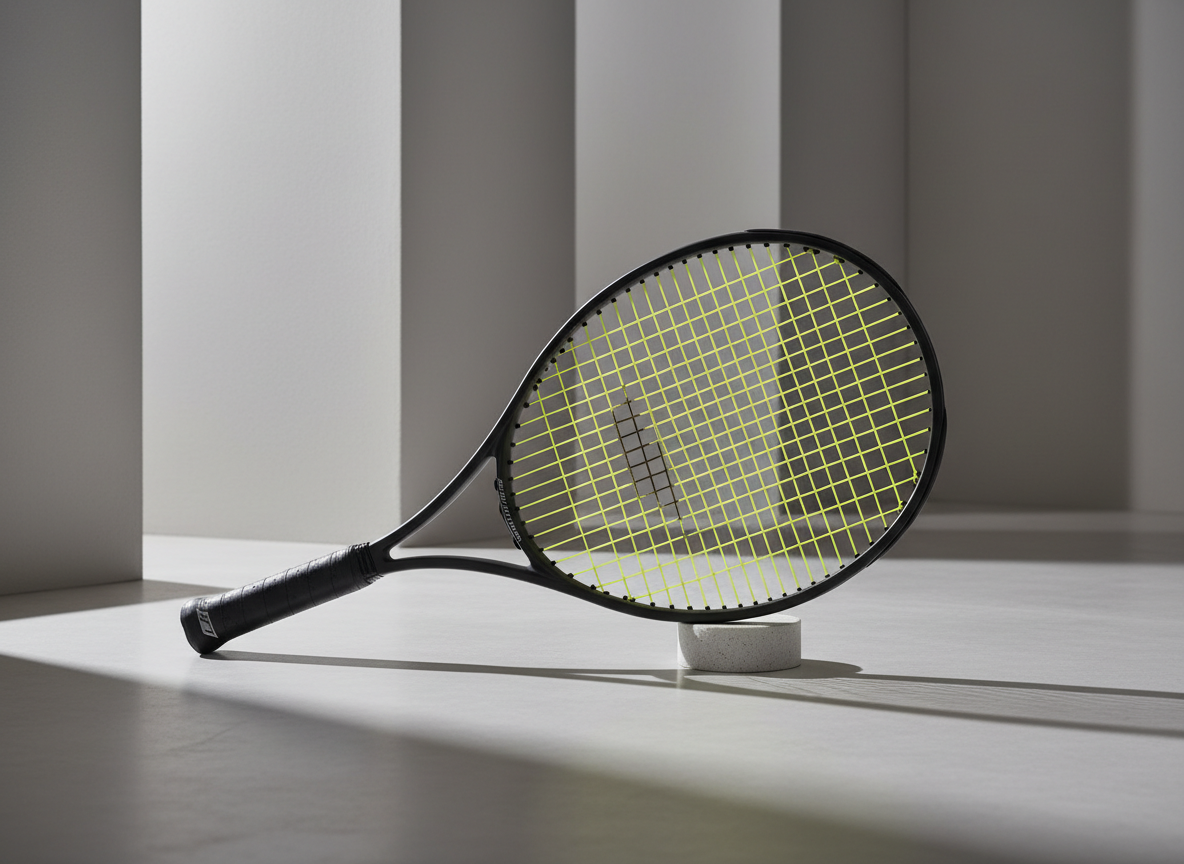 A premium graphite tennis racquet with a matte carbon-fiber finish, featuring intricately strung neon-yellow synthetic strings and a textured black leather grip. The racquet is elegantly displayed at a slight angle atop a smooth, pale-grey stone surface within a structured, minimalist studio space. Soft studio lighting highlights the racquet's contours, creating subtle reflections along the frame while leaving gentle, elongated shadows that add depth. The composition is centered and balanced, emphasizing clarity and sophistication. The atmosphere is calm and professional, reinforcing a high-end, corporate aesthetic with photographic realism, perfect for showcasing elite tennis equipment in a store setting.